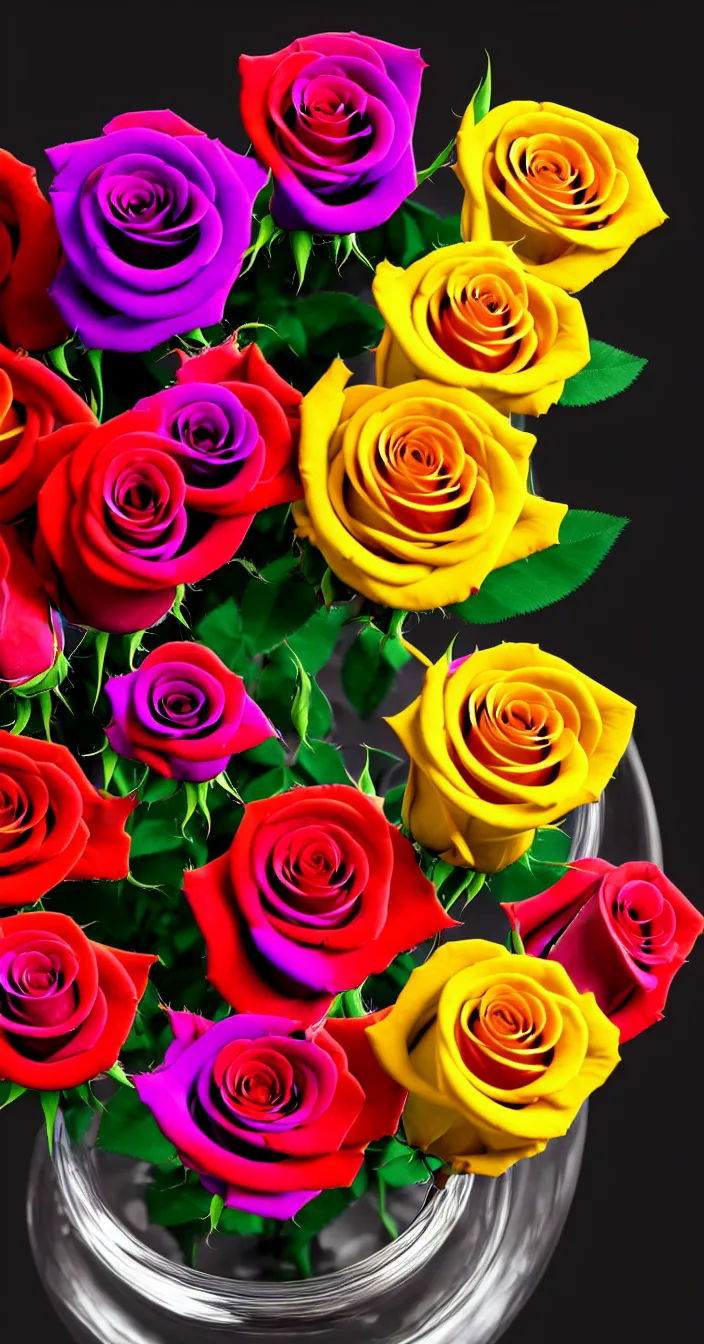 Prompt: highly detailed realistic photo of different colored roses in glass vase, dark background, vibrant colors, award winning masterpiece photography, hyper realistic, concept art, 8 k detail post - processing