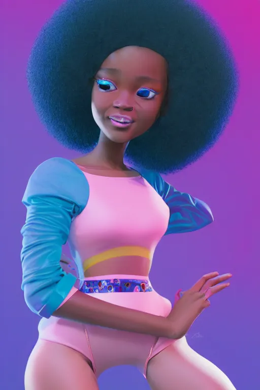 Image similar to a centered render of a cute cool afro disco girl from the seventies, by dreamworks, by pixar, by viktoria gavrilenko, by leticia gillett, by lois van baarle, perfect face, 3 d, 8 k