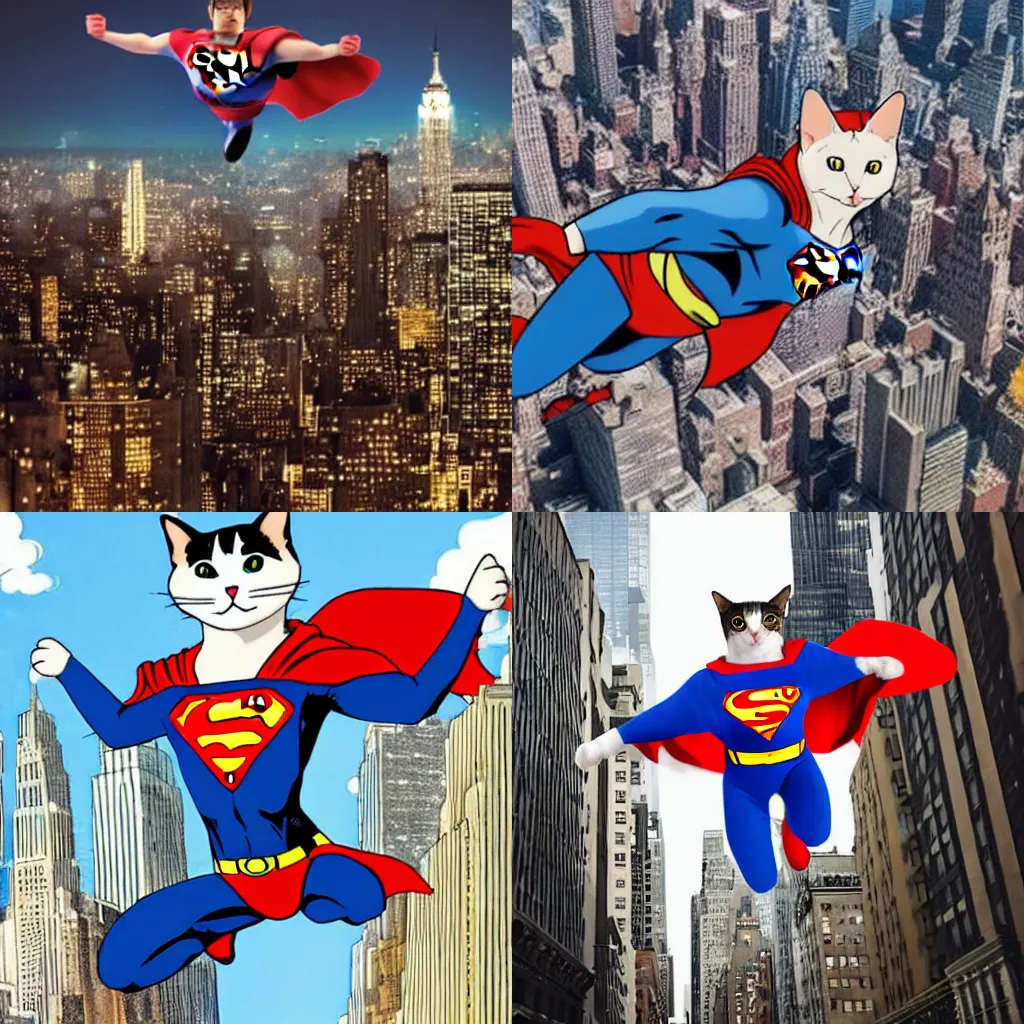 Prompt: a cat with a superman costume flying over new york city, anime style