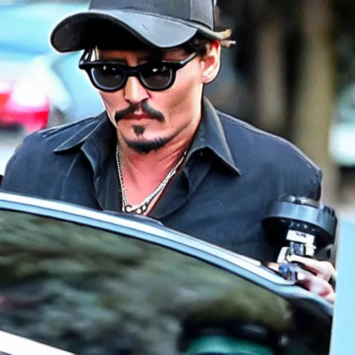 Image similar to paparazzi photo of Johnny Depp robbing a small business, wide angle, fisheye, uhd, 8k, award winning,