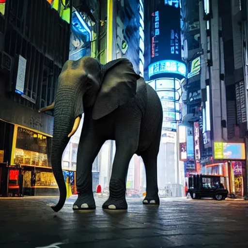 Prompt: an elephant on the streets of shanghai, cyberpunk, futuristic
