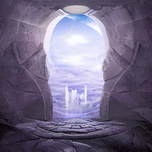 Image similar to surreal painting of a dimensional gateway leading into a 3d rendered surreal landscape environment by ferjo