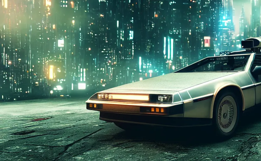 Prompt: professional photo of delorean from low angle shot, cyberpunk background, blade runner, hyperrealistic masterpiece, trending on artstation, cgsociety, kodakchrome, golden ratio, cinematic, composition, beautiful lighting, hyper detailed, sharp focus, octane render, 4 k, unreal engine