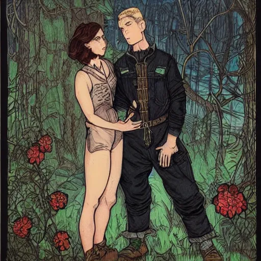 Image similar to short - haired tattooed heroic stoic handsome muscular blonde butch tomboy woman engineer in overalls standing beside dark fae feathered gothic jennifer connelly in black cloak standing together in a beautiful lush garden at night, in love, highly detailed, trending on art station, mucha