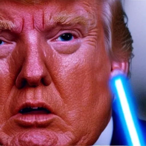 Prompt: a film still of extreme close up donald trump as a jedi in star wars
