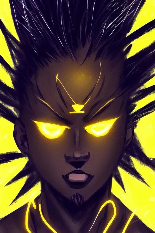 Image similar to glowing black male anime character, golden hair, yellow eyes, symmetrical, highly detailed, digital art, sharp focus, trending on art station, crazy hair, electricity superpowers, anime art style