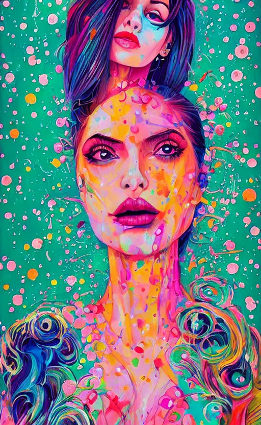 Image similar to an ultra detailed beautiful painting of a stylish woman with colorful sundress, movie poster, modern, symmetrical, harumi hironaka, conrad roset, greg rutkowski