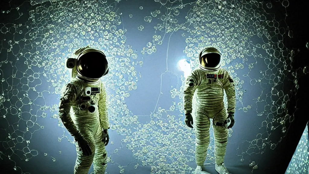 Image similar to a single astronaut eva suit covered in diamond 3d fractal lace iridescent bubble 3d skin and covered with insectoid compound eye camera lenses floats through the living room, film still from the movie directed by Denis Villeneuve with art direction by Salvador Dalí, wide lens,