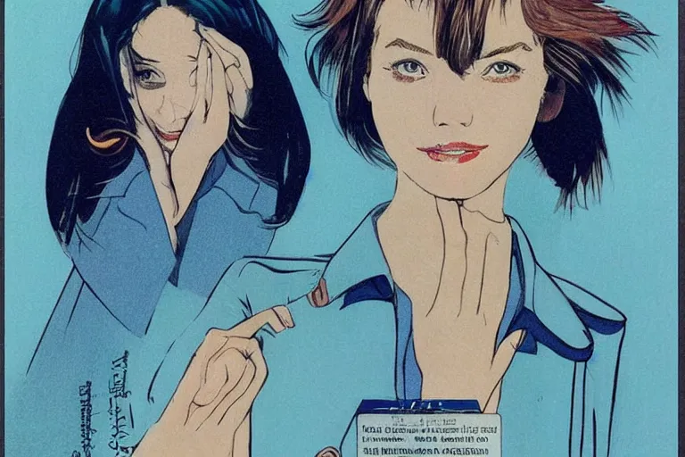 Prompt: A beautiful girl with a very stylish trenchcoat by Moebius, bob cut hair, poster