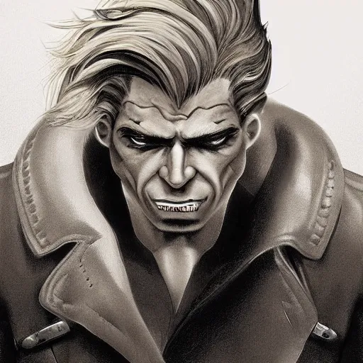 Prompt: portrait of a muscular, grim, ponytail haired blonde man in his late 30's, wearing a thick brown leather coat, looking to his side, hunter, DnD character, fantasy character, dramatic lighting, high detail, black and white digital art by Boris Vallejo