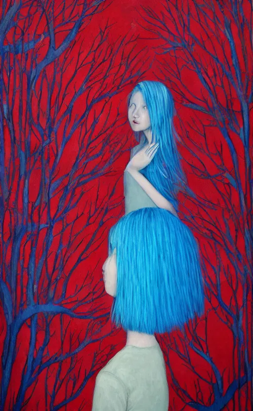 Prompt: girl with blue hair as a shaun tan painting the red tree illustration detailed painting