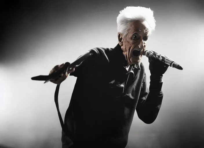 Image similar to publicity photo still of bob barker in a death metal band playing live on stage, 8 k, live concert lighting, mid shot