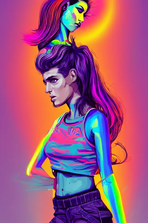 Image similar to a award winning half body portrait of a beautiful woman with stunning eyes in a printed croptop and cargo pants with rainbow colored ombre hairstyle head in motion and hair flying by josan gonzales, outrun, vaporware, shaded flat illustration, digital art, trending on artstation, highly detailed, fine detail, intricate