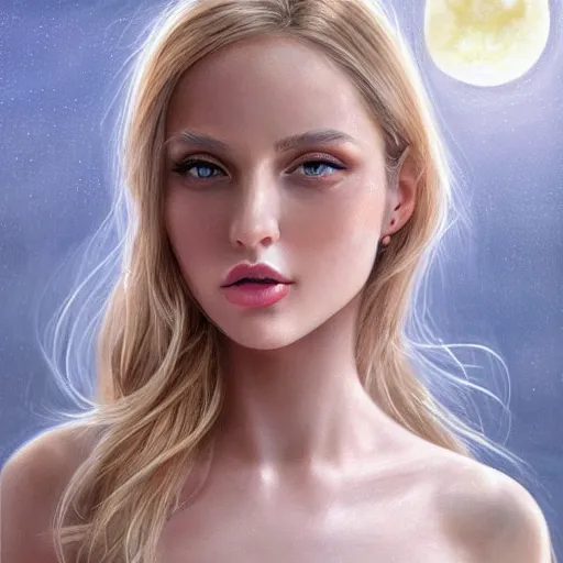 Prompt: a gorgeous female photo, professionally retouched, soft lighting, wearing sundress, illuminated by moonlight, realistic, smooth face, blonde goddess, luscious lips, perfect eyes, wide angle, sharp focus on eyes, shocked expression on her face, 8 k high definition, insanely detailed, intricate, elegant, art by artgerm and wlop