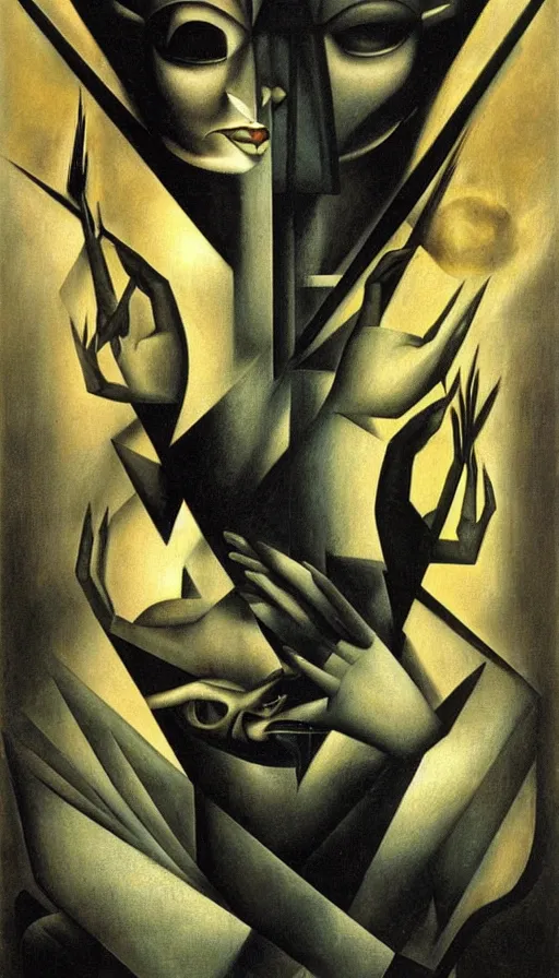 Image similar to illusion of Good and Evil merge in one ,artdeco,H.R. Giger and Tamara de Lempicka and Beksinski style