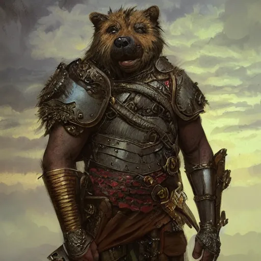 Image similar to portrait of a gnoll with a scarred sad face wearing plate armor, fantasy, highly detailed, digital painting, artstation, concept art, character art, art by greg rutkowski and tyler jacobson and alphonse mucha