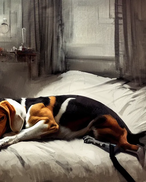 Image similar to detailed portrait of beagle lying on the bed by ismail inceoglu dragan bibin hans thoma greg rutkowski alexandros pyromallis nekro rene maritte illustrated, fine details, realistic shaded, fine - face, pretty