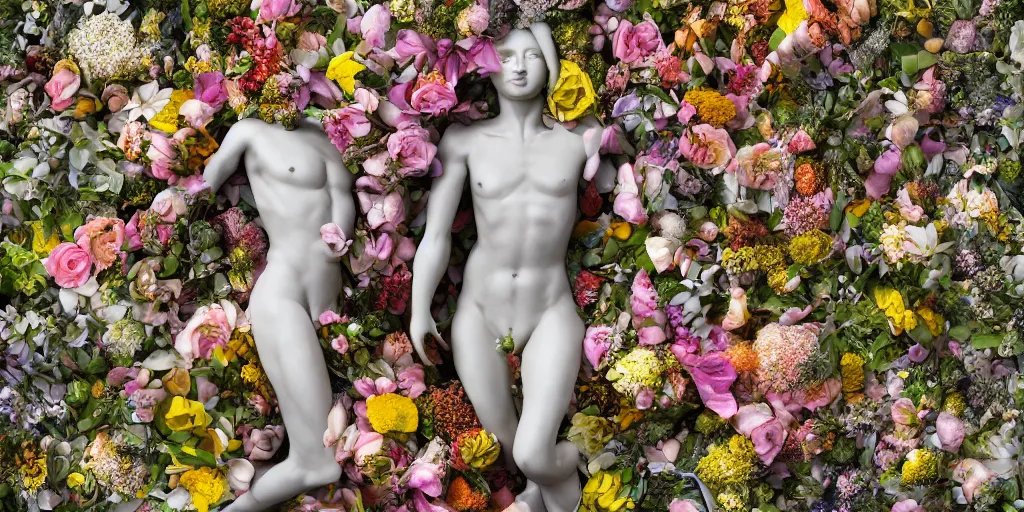 Prompt: a sculpture of human bodies intertwined, a lovely cornucopia of flowers and human body parts, body parts, highly detailed, octane render, cinematic ， - h 7 6 8