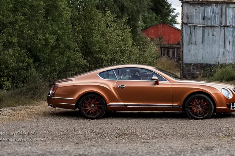 Image similar to modern rusty rusty Bentley Continental GT drives along the road of an old Russian village with houses at the edges