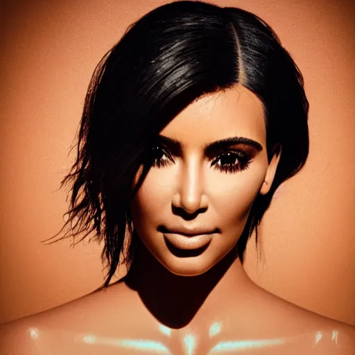 Image similar to kim kardashian faces eternal wisdom through rays of thought, cinematic lighting, dramatic, low contrast