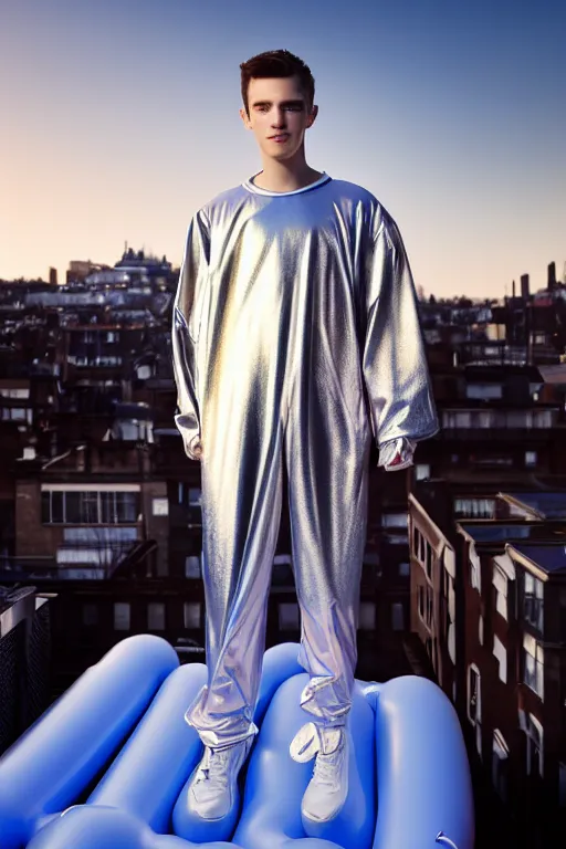 Image similar to un ultra high definition studio quality photographic art portrait of a young man standing on the rooftop of a british apartment building wearing soft baggy inflatable padded silver iridescent pearlescent clothing. three point light. extremely detailed. golden ratio, ray tracing, volumetric light, shallow depth of field. set dressed.