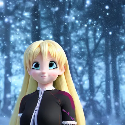 Image similar to portrait focus of super saiyan beautiful 3 d anime girl posing, frozen ice dark forest background, snowing, bokeh, inspired by masami kurumada, octane render, volumetric lighting