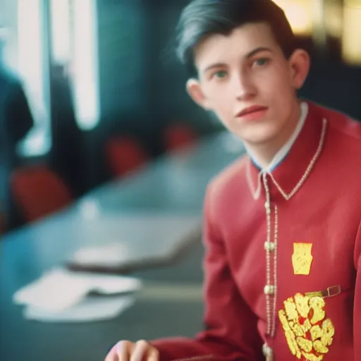 Image similar to A young man in a suit sits at a table , coat of arms of USSR in background, bokeh, cinestill, fine details