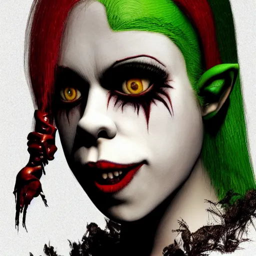 Prompt: alan lee portrait of fairuza balk as a realistic evil demon girl clown with deep dark eyes and lots of mascara and green hair and sharp wicked metal teeth and tattered elven ears very ugly creature by guillermo del toro redshift 3 d render, 1 1 aperture, 3 5 mm, canon 5 d