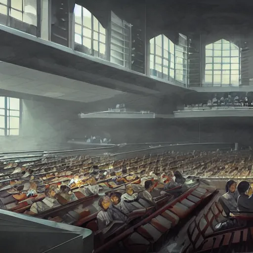Prompt: concept art of the auditorium of a singaporean school, it is evening and light slants in through the windows, art by greg rutkowski