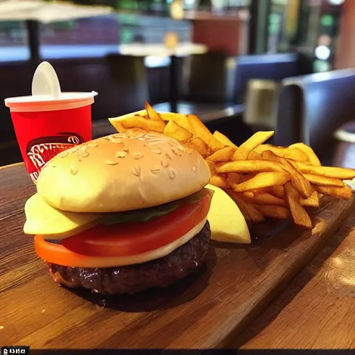 Prompt: a restaurant burger and chips but the burger patty is a little panda, photorealistic, high detail, cute, iphone photo