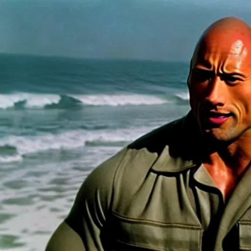 Image similar to A closeup of Dwayne The Rock Johnson storming the beaches of Normandy, Saving Private ryan