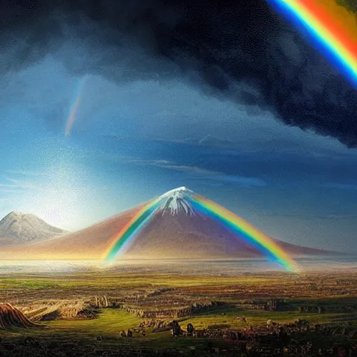 Image similar to a detailed matte painting of noah's ark, double rainbow in a clear blue sky, mount ararat far away in the background, art by artgerm and greg rutkowski and alphonse muchan, cosmic, heavenly, god rays, intricate detail, cinematic, 8 k, cel shaded, unreal engine, featured on artstation, pixiv