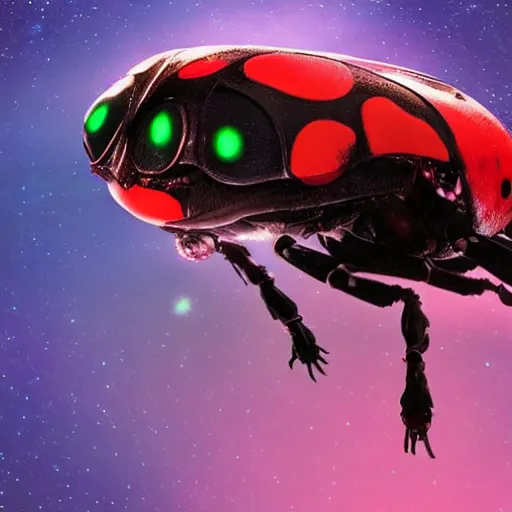 Prompt: film still, future ladybug ( ( descendants ) ), ladybug quadruped with big rgb eyes, huge ladybug mothership, epic cosmos, dramatic lighting, ( e. t. the extra - terrestrial ) imax, 7 0 mm.