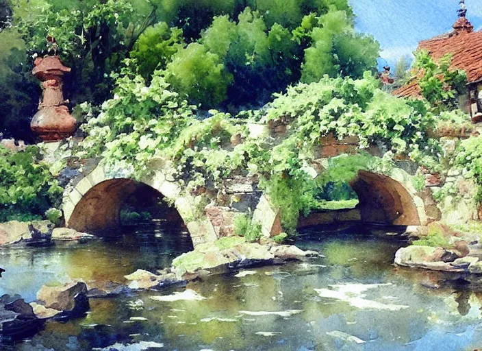 Image similar to watercolor of rustic stone bridge with mural, ivy, summer daylight, bright clear day, clouds, high detailed art by dennis miller bunker, work by anders zorn, wonderful masterpiece by greg rutkowski, beautiful cinematic light, american romanticism by greg manchess, creation by tyler edlin