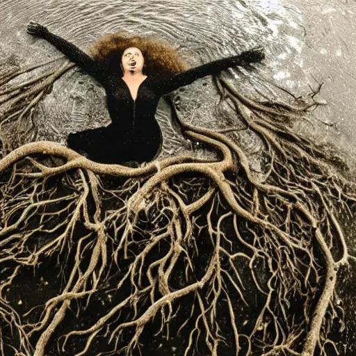 Image similar to a dramatic photo of a woman drowning in roots