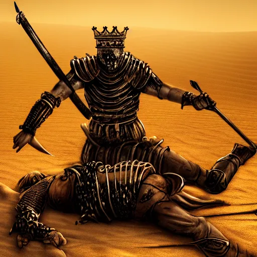 Image similar to the king in the desert dead on the ground, defeated, blood on sand, swords fallen to ground, fighting in a dark scene, detailed scene, killed in war, blood spill, Armour and fallen Crown, highly detailed, blood and dust in the air, action scene, cinematic lighting, dramatic lighting, trending on artstation, elegant, intricate, character design, motion and action and tragedy, fantasy, D&D, highly detailed, digital painting, concept art