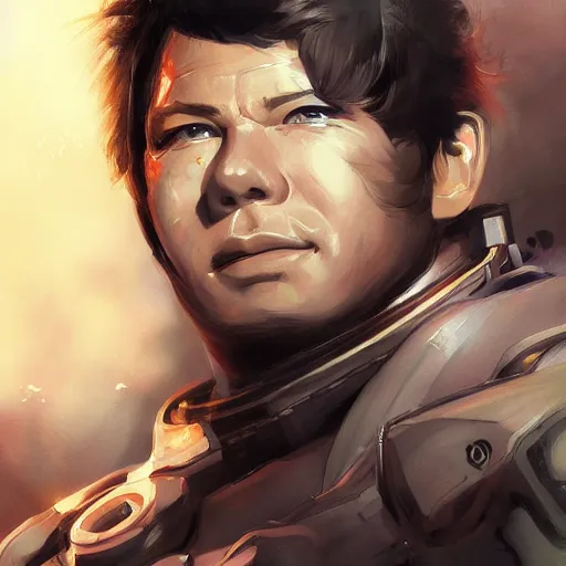 Image similar to An anime portrait of a young William Shatner in tactical gear, by Stanley Artgerm Lau, WLOP, Rossdraws, James Jean, Andrei Riabovitchev, Marc Simonetti, and Sakimichan, tranding on artstation