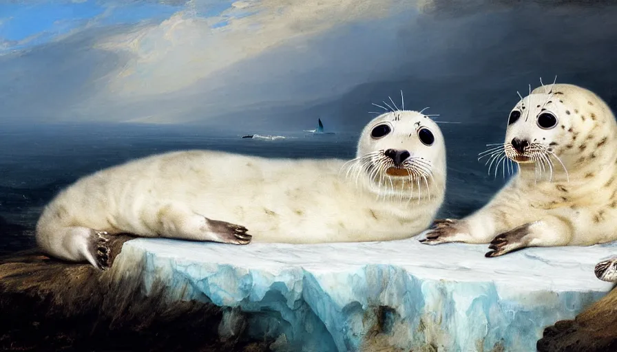 Image similar to highly detailed painting of cute furry white baby seal leopards cuddling into each other on a blue and white iceberg by william turner, by greg rutkowski, by william constable, thick brush strokes and visible paint layers, 4 k resolution