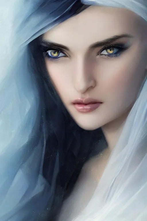 Prompt: Ameera al-Taweel, blue eyes, long wavy black hair, fierce look, white veil, closeup, focus face, elegant, highly detailed, centered, digital painting, artstation, concept art, art by WLOP