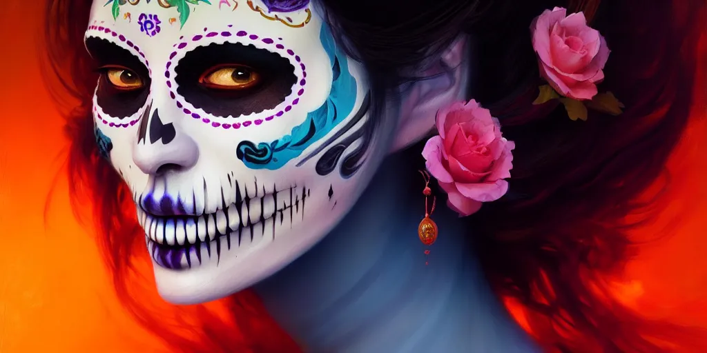 Image similar to portrait of dia de muertos, extremely detailed digital painting, in the style of fenghua zhong and ruan jia and jeremy lipking and peter mohrbacher, mystical colors, rim light, beautiful lighting, 8 k, stunning scene, raytracing, octane, trending on artstation