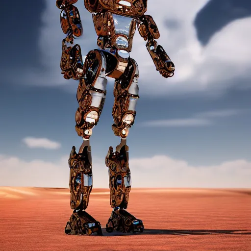 Image similar to an humanoid robot wandering in a desert, Canon eos M50, 200mm, photorealistic, trending on Artstation