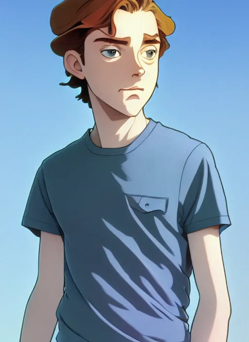 Image similar to art young lenin, light blue eyes, pale skin, freckles, sad expression, t - shirt, modern casual clothing, natural lighting, path traced, highly detailed, high quality, cartoon, digital painting, by don bluth and ross tran and studio ghibli and alphonse mucha