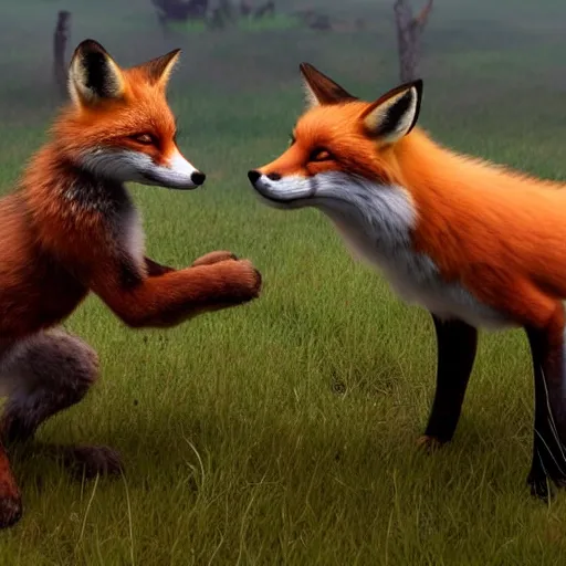 Prompt: Fox and another fox handshaking vigorously on a battlefield, digital art, unreal engine render, highly detailed