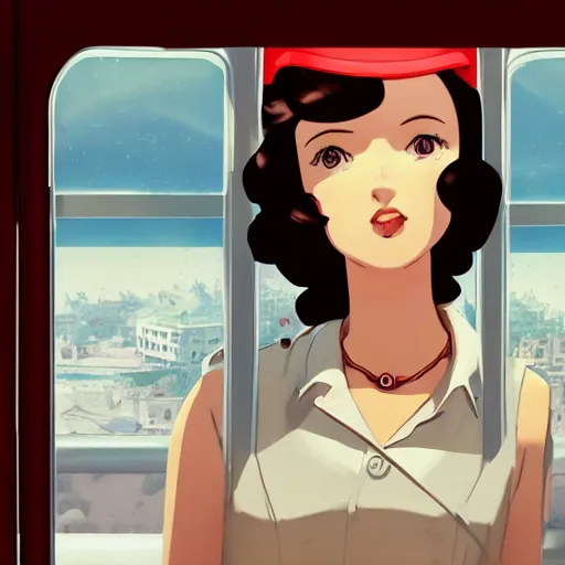 Prompt: portrait of a beautiful girl with dark hair dressed in 1940's fashion sitting in the interior of a train, looking outside the window beside her to the dieselpunk city outside of the window, rich vivid colors, ambient lighting, dynamic lighting, 4k, HQ, official media, anime key visual, makoto shinkai, ilya kuvshinov, lois van baarle, rossdraws, detailed, trending on artstation