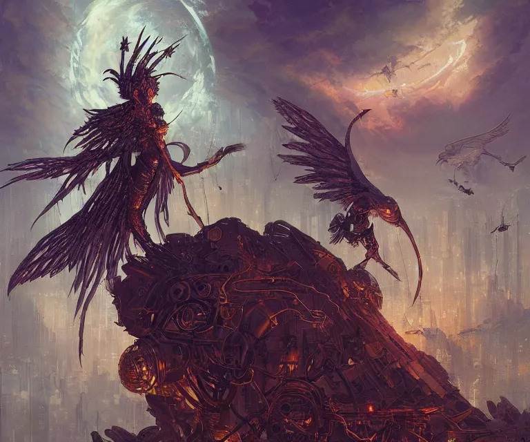 Image similar to a beautiful tarot card artwork of a cyberpunk fallen seraphim, horror, backlit, gloomy sky, highly detailed, digital painting, intricate golden threads, by greg rutkowski and peter mohrbacher and dan mumford and artgerm, vivid colors, detailed shading, 8 k resolution, intricate, smooth