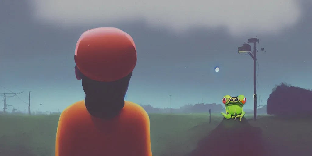 Image similar to Portrait using the Rule of Thirds, focusing on a frog, Portrait, Very Cloudy Sky, Sun, Neon Lights, Rule of Thirds, perspective, Retrofuturism, Studio Ghibli, Simon Stålenhag