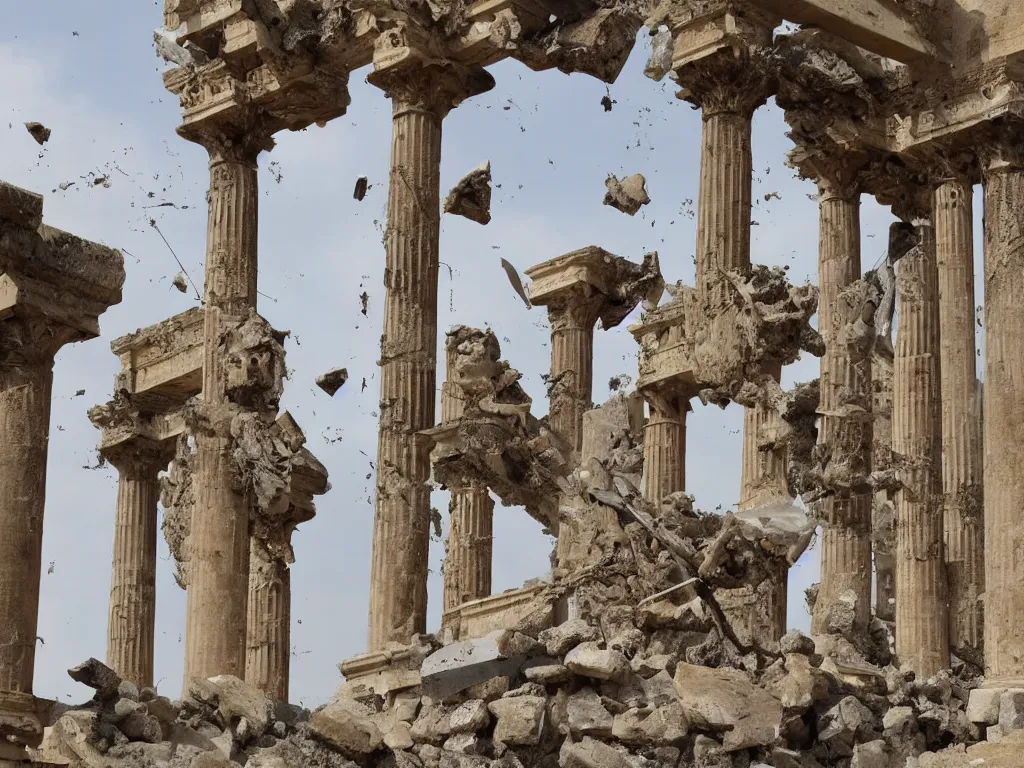 Prompt: pieces of greek sculptures and archidecture suspended in air, ancient greek ruins and pillars suspended in air, falling from sky, with debris and destruction falling from sky, mid air, debris flying around, swirls of fire