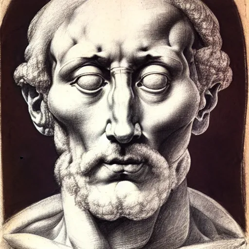 Image similar to unfinished study of mans face. michelangelo, early sixteenth century. red chalk on paper.