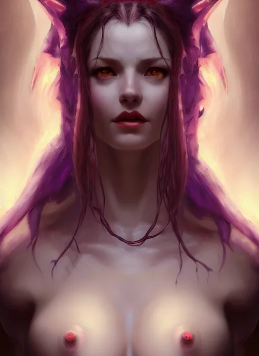 Image similar to ! dream 3 / 4 view of a portrait of lilith from diablo, evangelion, au naturel, hyper detailed, digital art, trending in artstation, cinematic lighting, studio quality, smooth render, frostbite 3 engine rendered, art style by klimt and nixeu and ian sprigger and wlop and krenz cushart