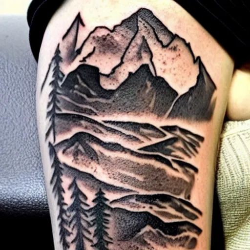 Image similar to megan fox beautiful mountains double exposure effect, medium sized tattoo sketch, amazing detail